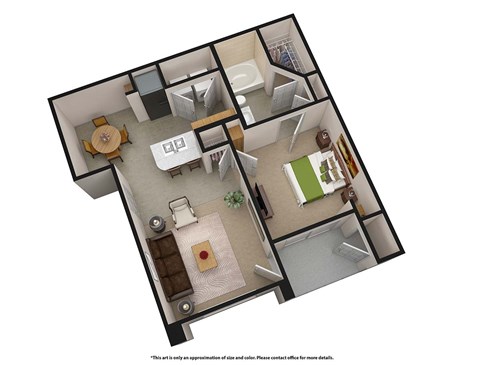 A 3D floor plan of a house with a kitchen, living room, and bathroom.